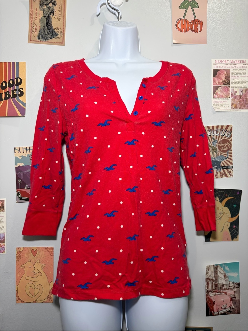 Hollister Red Polka Dot Long Sleeve Henley with Blue Motif
